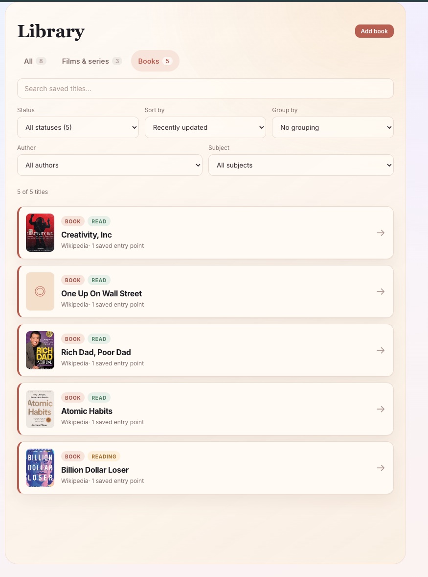 Books in the Library, with covers, reading status, and filters by author and subject.