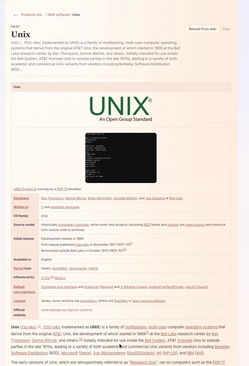 A Wikipedia page read inside the app, in the same warm theme, without ads or popups.